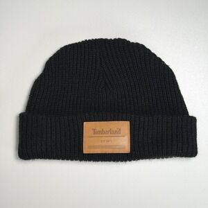Timberland Beanie Black Chunky Knit Classic Cuff Ski Cap Logo Patch Acrylic